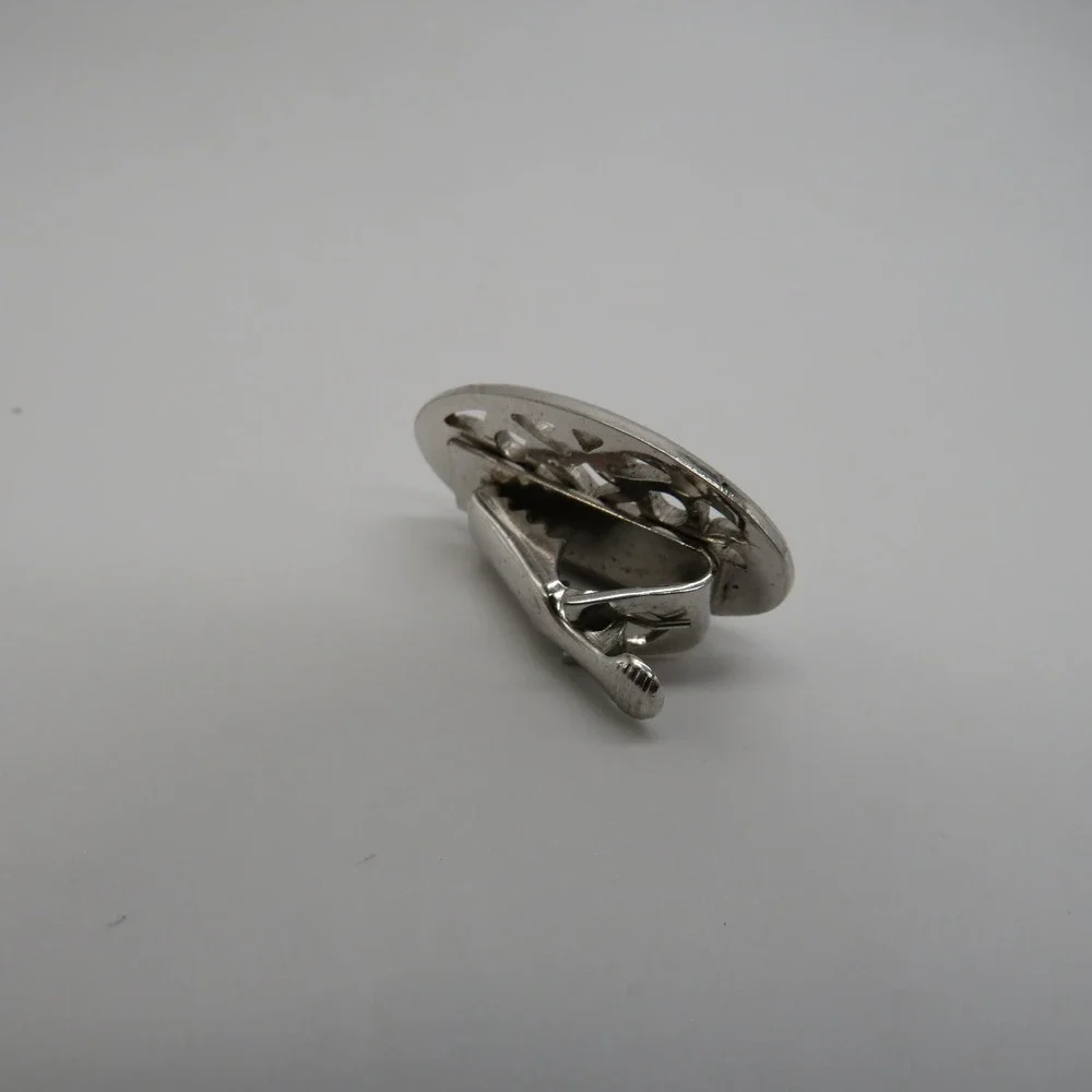 Vintage Silver Tone Oval Filigree Tie Clip Openwork Scroll Design Alligator Bar